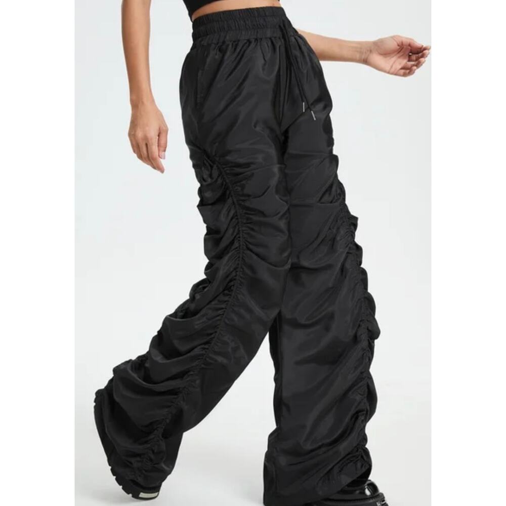 Kollyy Black Harajuku Nylon Baggy Ruched Gathered Y2K Windbreaker Pants Small - Picture 11 of 11